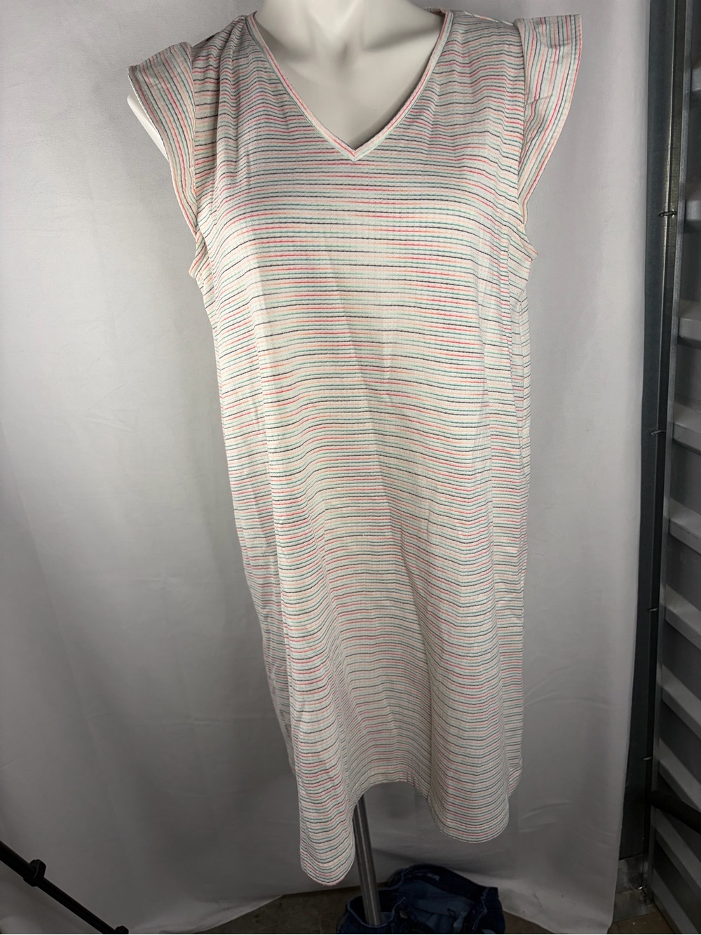 LOFT White V-Neck Striped Dress with Stripes